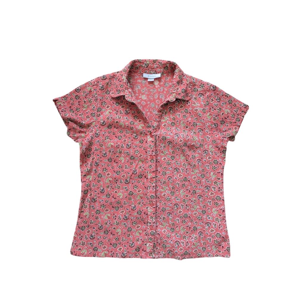 Y2K Dressbarn Button Down Top L Coral-Pink Cotton Cottage Beachy Feminine Barbie